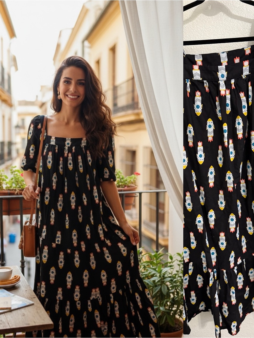 Compania Fantastica Rocket Print Midi Dress Black Cotton Size Spain Small